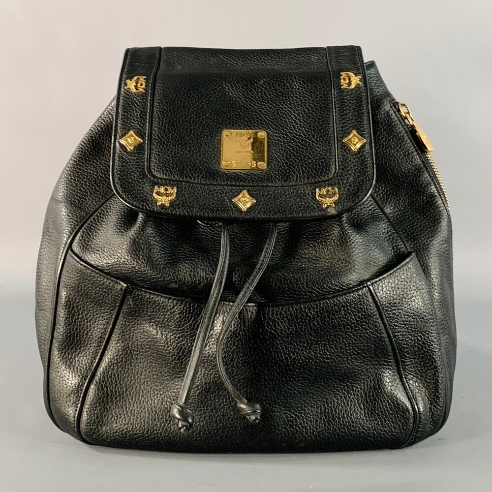 MCM Vintage Small Black Gold Leather Drawstring Backpack